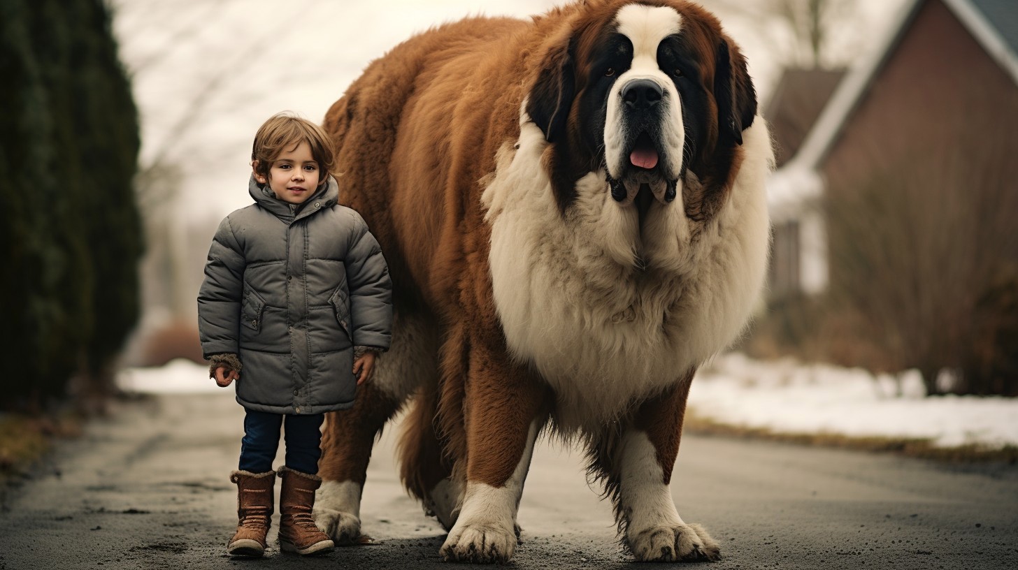 bé trai đứng cạnh một chú chó saint bernard khổng lồ to gấp ba lần