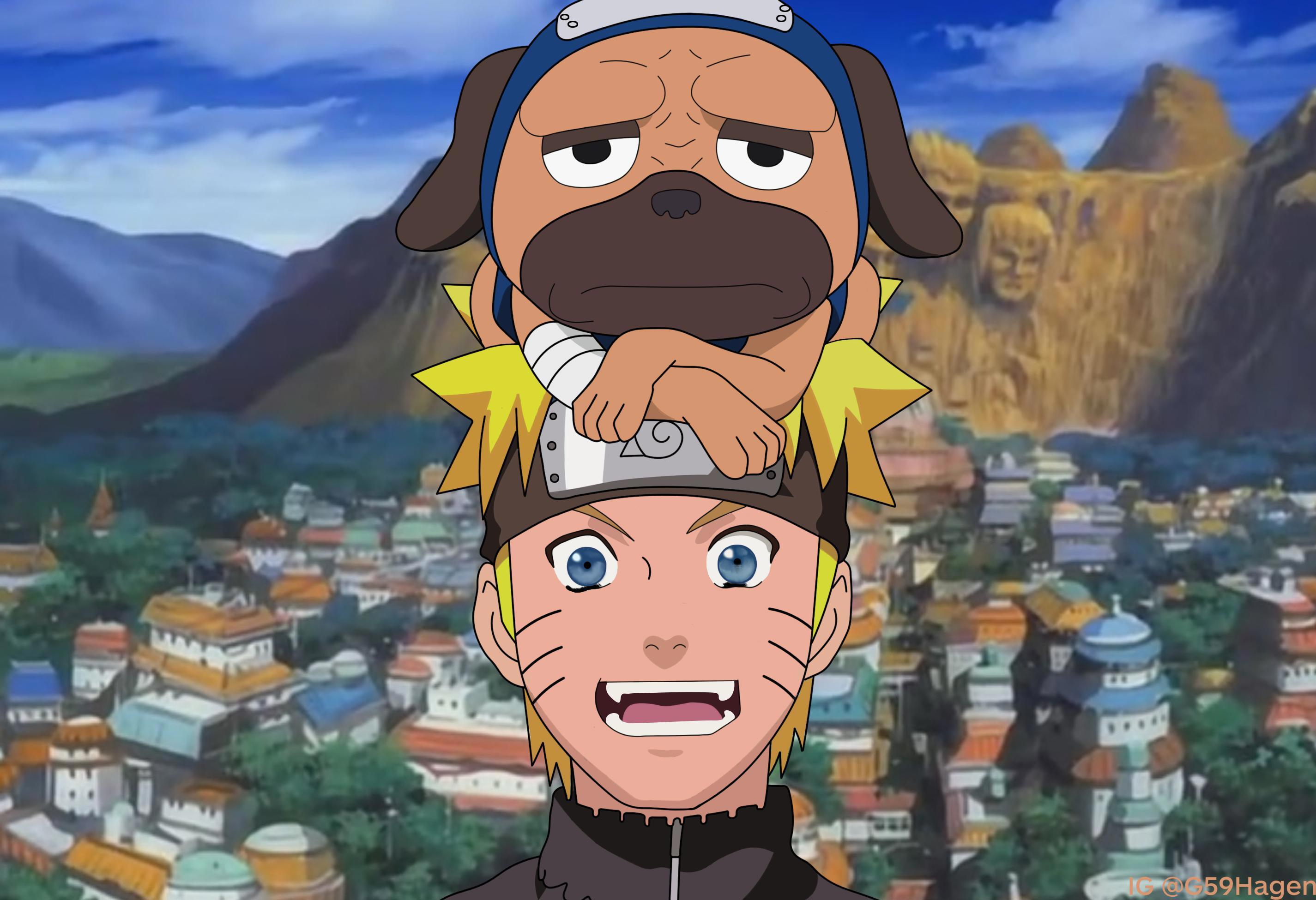hình ảnh pakkun khoanh chân ngồi trên đầu naruto