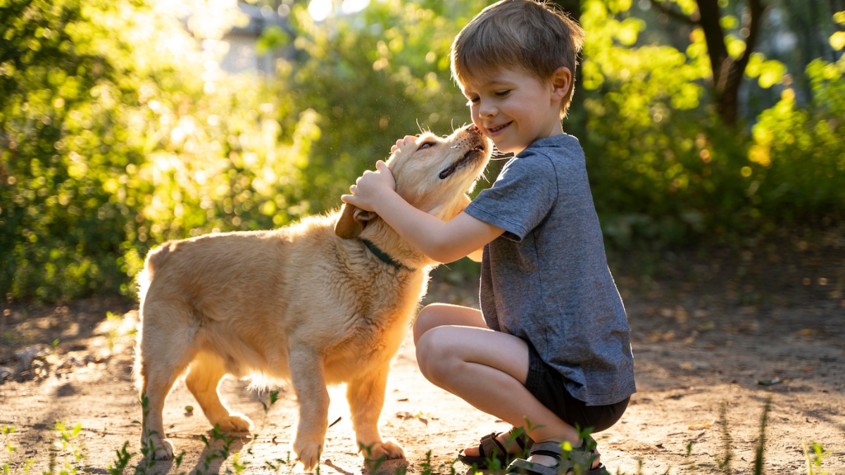 hình ảnh một chú bé ôm chú chó trong rừng